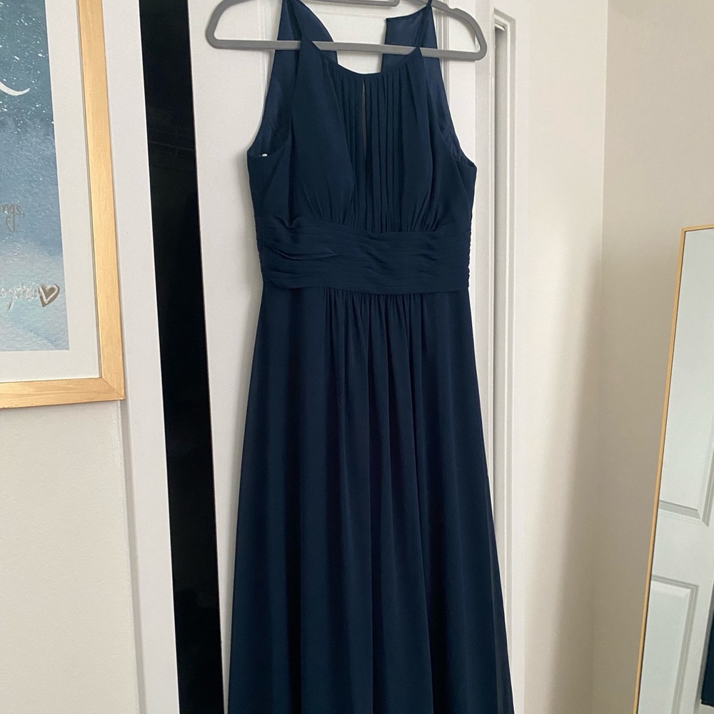 Navy blue bridesmaid dress, dry cleaned, hemmed for 5’2 + heels